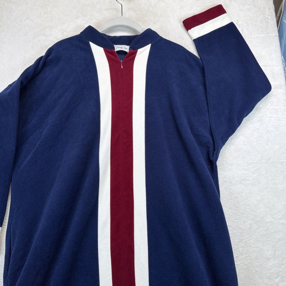 Vintage Vanity Fair Velour Robe Womens M Blue Red White Stripe Zip Front 70s